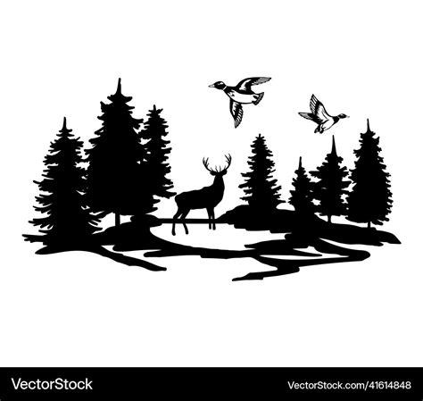 Black silhouette of deer standing among trees Vector Image