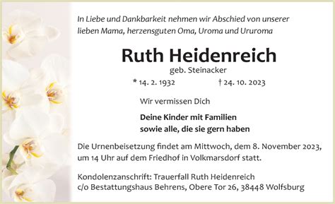 Traueranzeigen Von Ruth Heidenreich Trauer Anzeigen De