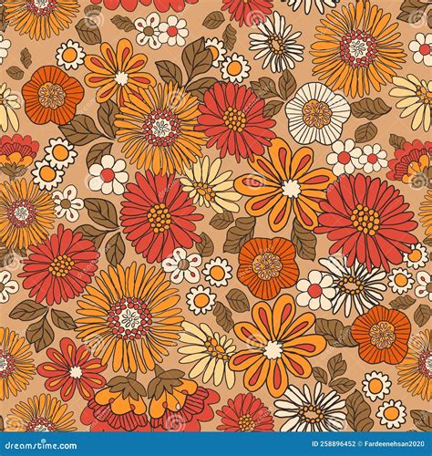 Vintage 60s 70s Retro Hand Drawn Colorful Groovy Flower Seamless