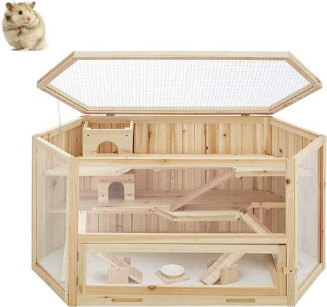 Qnjm Wood Hamster House Wooden Hamster Play Cage With Toy Ramps