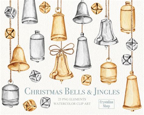 Watercolor Christmas Bells And Jingles Clipart Gold Silver Etsy