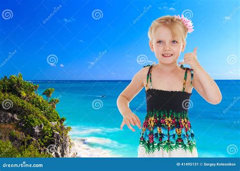 Little Girl On A Background Of Blue Sea Stock Image Image Of Beach