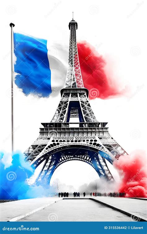 Graphic Eiffel Tower In A Cloud Of Smoke With French Flag Blue White