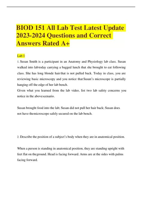 BIOD 151 All Lab Test Latest Update Questions And Correct Answers Rated