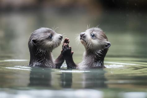 Premium AI Image | Pair of baby otters holding hands while floating on tranquil pond created ...