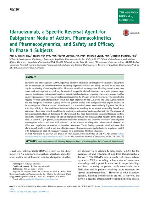 Pdf Idarucizumab A Specific Reversal Agent For Dabigatran Mode Of