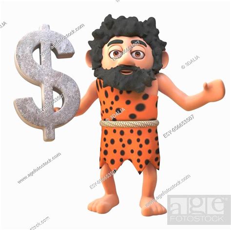 3d Cartoon Prehistoric Caveman Character Holding A Rock Us Dollar