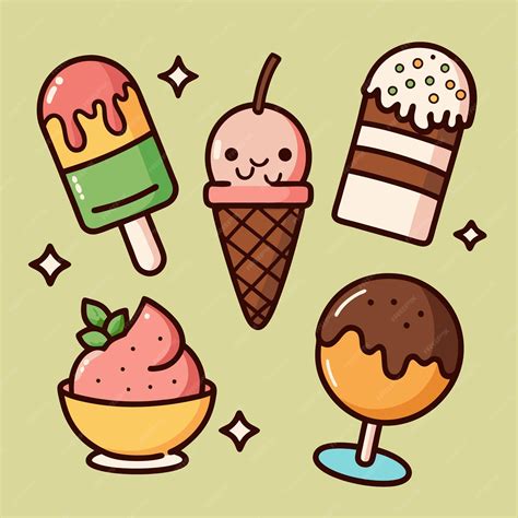 Five cartoon illustrations of various ice cream and frozen desserts on