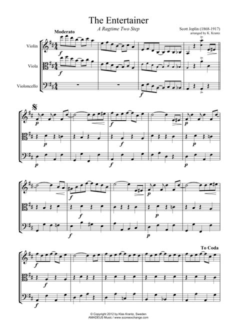 The Entertainer Ragtime Easy Abridged For String Trio Arr K