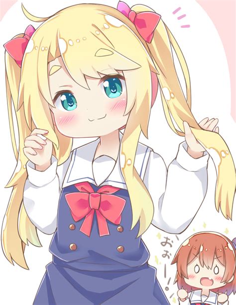 Safebooru 0 0 2girls 3 Absurdres Alternate Hairstyle Bangs Blonde Hair Blue Dress Blush Bow