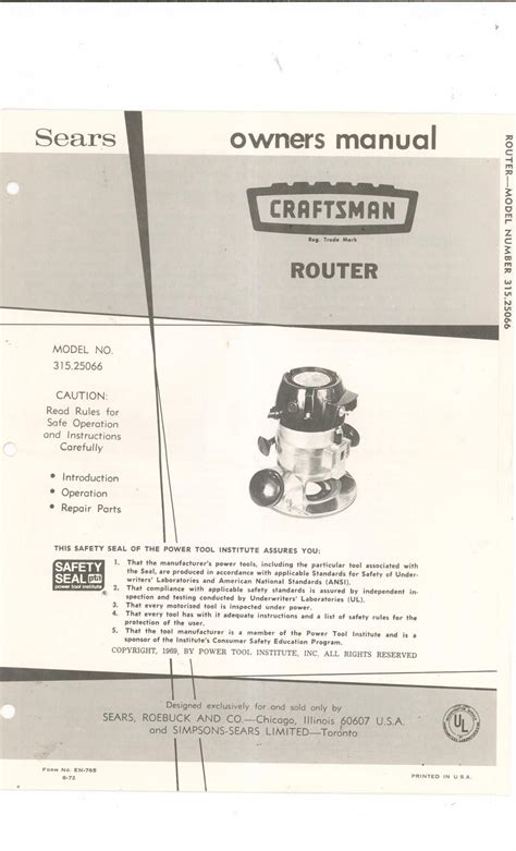 Sears Craftsman Router Model 315 25066 Owners Manual