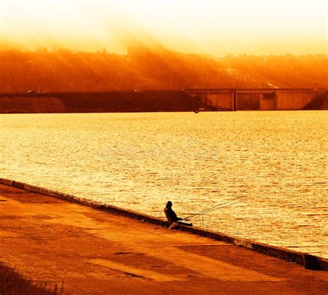 Fisherman on Sunset River Bank Background Stock Image - Image of light ...