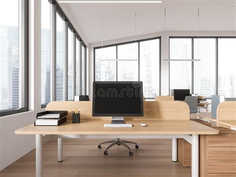 Modern Coworking Interieur Met Werkruimte Bureau En Panoramisch Scherm