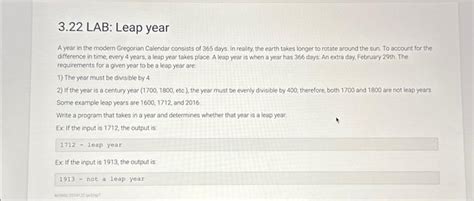 Solved 3.22 LAB: Leap year A year in the modern Gregorian | Chegg.com