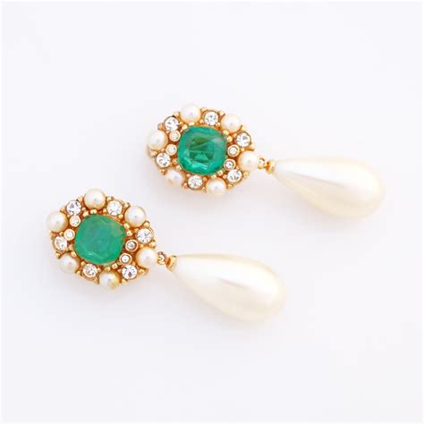 Flawed Emerald Art Glass With Crystal And Pearl Halo Drop Earrings By Ci