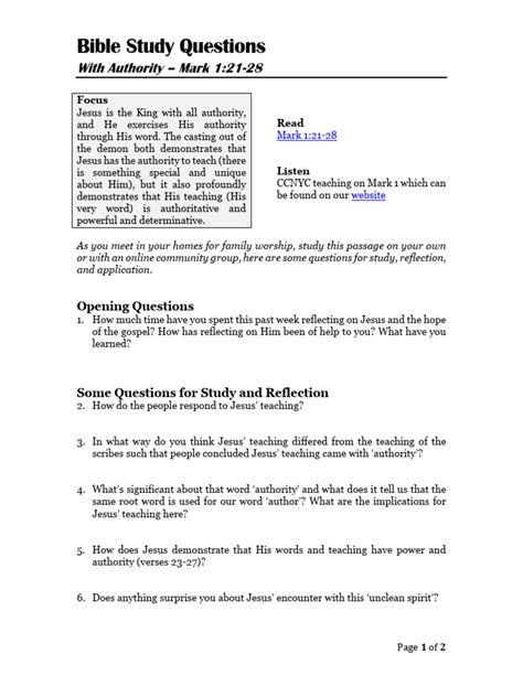 Mark 121 28 Bible Study Questions Pdf Jesus Gospel Of Mark