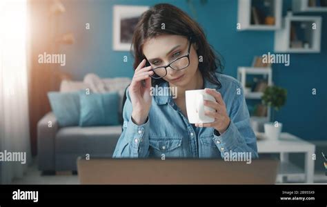 Focused Woman Looking Laptop Screen Stock Photo Alamy