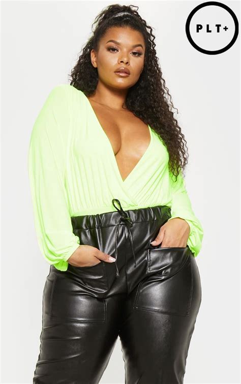 Plus Neon Lime Slinky Extreme Batwing Bodysuit Thick Girl Fashion Plus