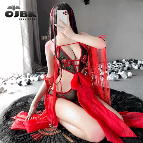 OJBK Sexy Cosplay Costumes Ribbon Lace Dancing Suit For Women Erotic Lingerie See Through Red