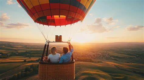 Couple Enjoying A Hot Air Balloon Ride Over A Beautiful Sunset Landscape Premium AI Generated