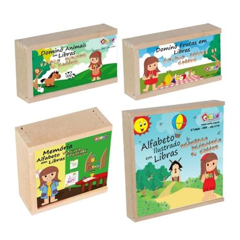 Kit 4 Brinquedos Educativos em Libras Jogo Pedagógico Inclusivo MDF