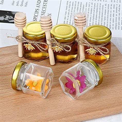 Pack Hexagon Mini Glass Honey Jars With Wood Dipper Gold Lid Bee