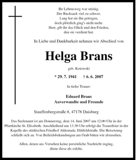 Traueranzeigen Von Helga Brans Trauer In NRW De