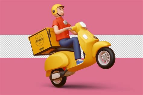 Premium Psd Delivery Man Riding A Motorcycle With Delivery Box In 3d