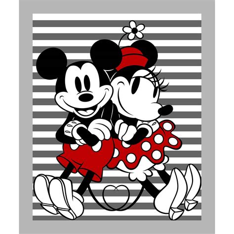 Disney Mickey Minnie Mouse Grey White Stripe Cotton Fabric Panel 36 X