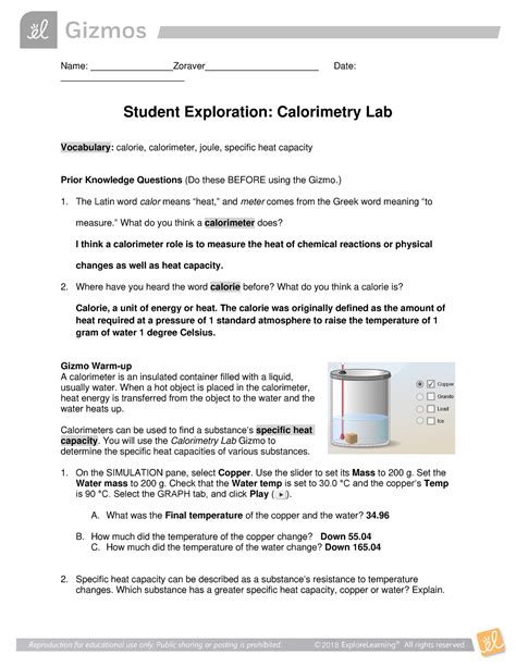 Calorimetry Lab Se Grade 11 Name Zoraver Date Student