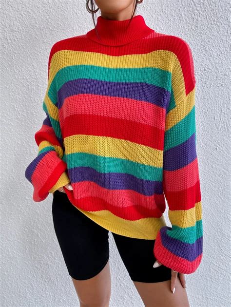 Shein Ezwear Colorblock Striped Pattern Turtleneck Drop Shoulder