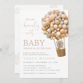 Neutral Hot Air Balloon Bear Baby Shower Invite Zazzle