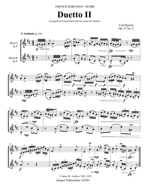 Stamitz Duet Op 27 No 2 For French Horn Duo Arr James M Guthrie