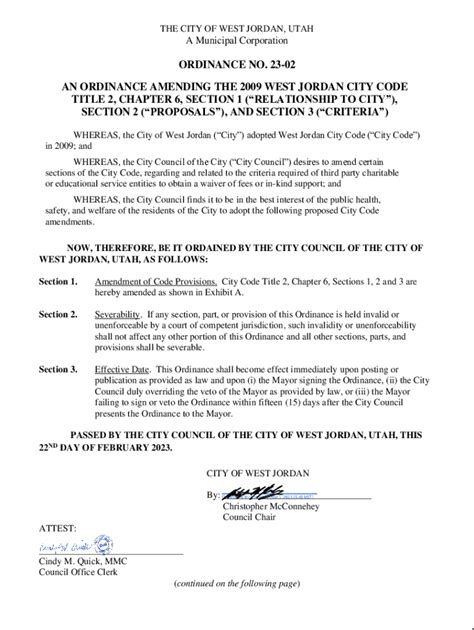 Fillable Online Ordinance No 23 02 Amending Title West Jordan