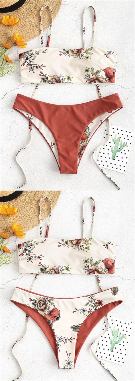 Vintage Floral Tie Reversible Bikini Set Cream Swimwear Women Style