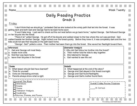 Grade 3 Daily Reading Practice Weeks 11 20 Literacy And Math Ideas