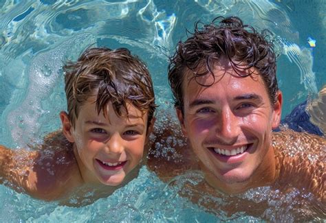 Feliz Pai E Filho Sorrindo Na Piscina Diversos Usos De água Imagem