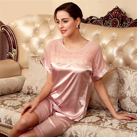 New Female Silk Pajamas Suit Short Sleeve Summer Satin Pijama Sleepwear