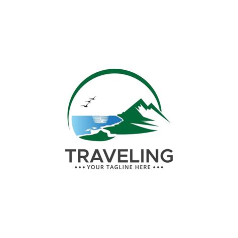 Logotipo de viaje y recorrido vectorial con concepto de montaña y