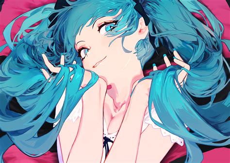 Wallpaper Anime Girls Hatsune Miku Vocaloid Blue Eyes Blue Hair Cleavage 2241x1589