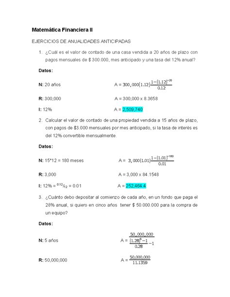 Ejercicios Anualidades Anticipadas Matem Tica Financiera Ii