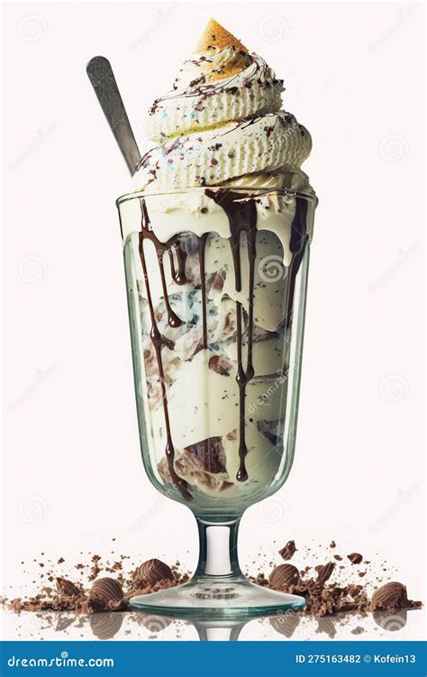 Helado Sundae Scoops En Taza De Vidrio Y Wafer Con Salsa De Chocolate