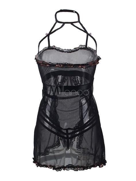 Black Teddies Dress Bow Sheer Halter Open Back Sexy Body Lingerie