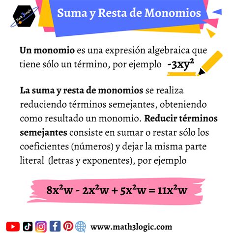 Suma Y Resta De Monomios Reducir Términos Semejantes De Forma