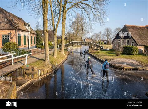 The Netherlands, Giethoorn, Village with almost only waterways. Winter, frost, ice skating Stock ...