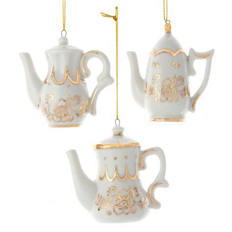 White And Gold Teapot Ornament Set The Music Box Company