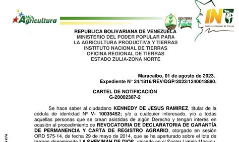 INTI Cartel de Notificación de Revocatoria a Kennedy de Jesus Ramírez