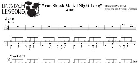 "You Shook Me All Night Long" AC/DC - Drum Sheet Music - Nick's Drum ...