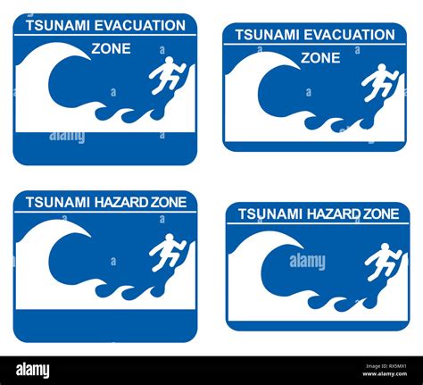 Tsunami Warning Signs Showing Evacuation And Hazard Zones Stock Photo