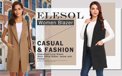 Elesol Womens Sleeveless Long Blazer Open Front Trench Vest Casual Lapel Work